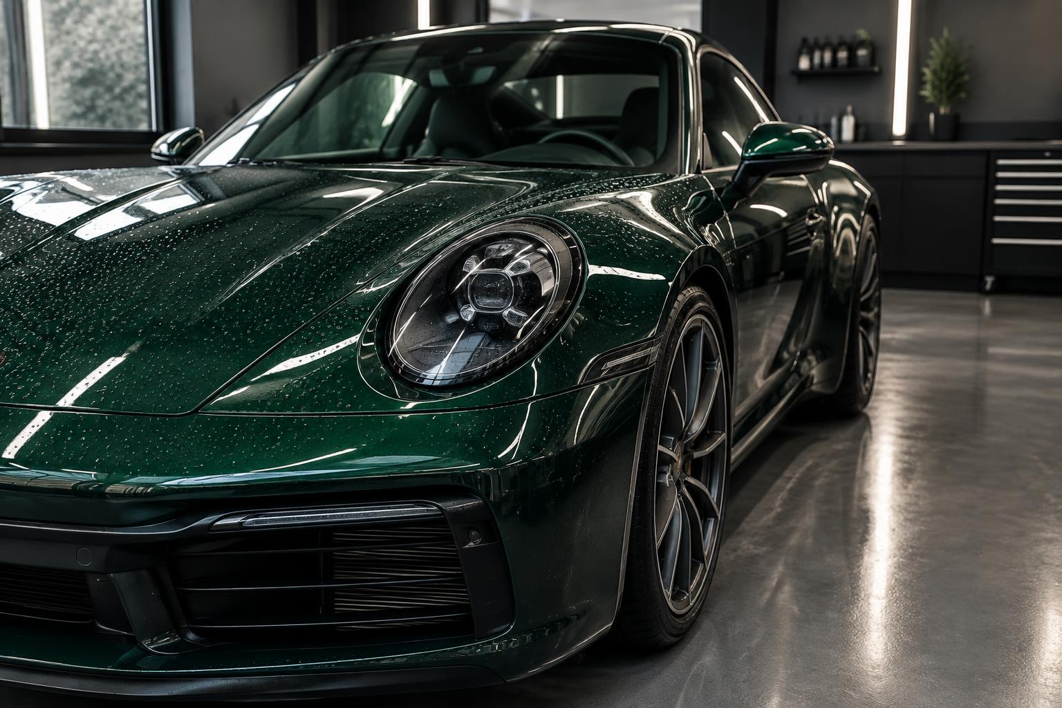 Water beading on a ceramic coated green sports car in a detailing studio