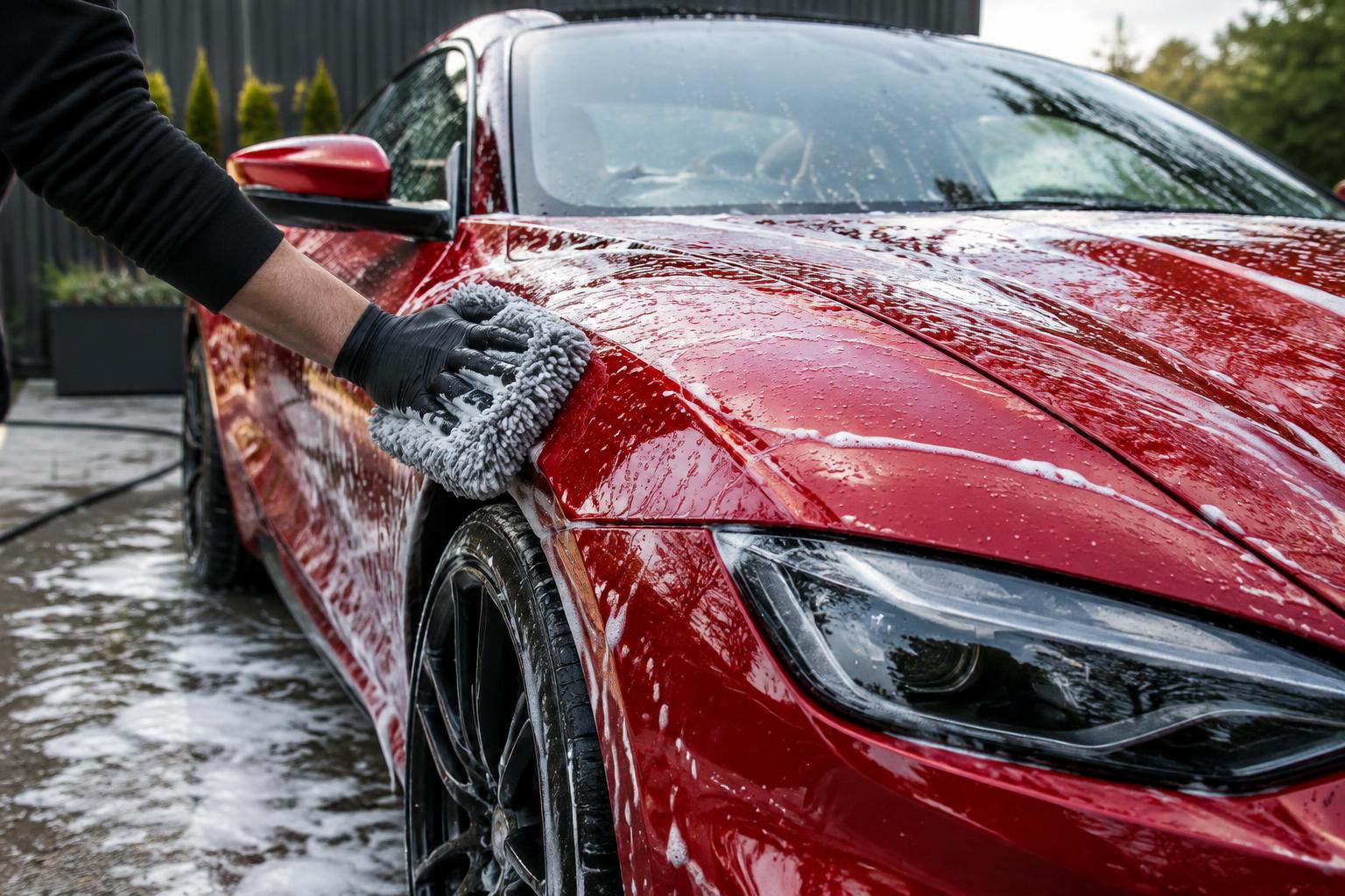 Ceramic coated red sports car being safely hand washed