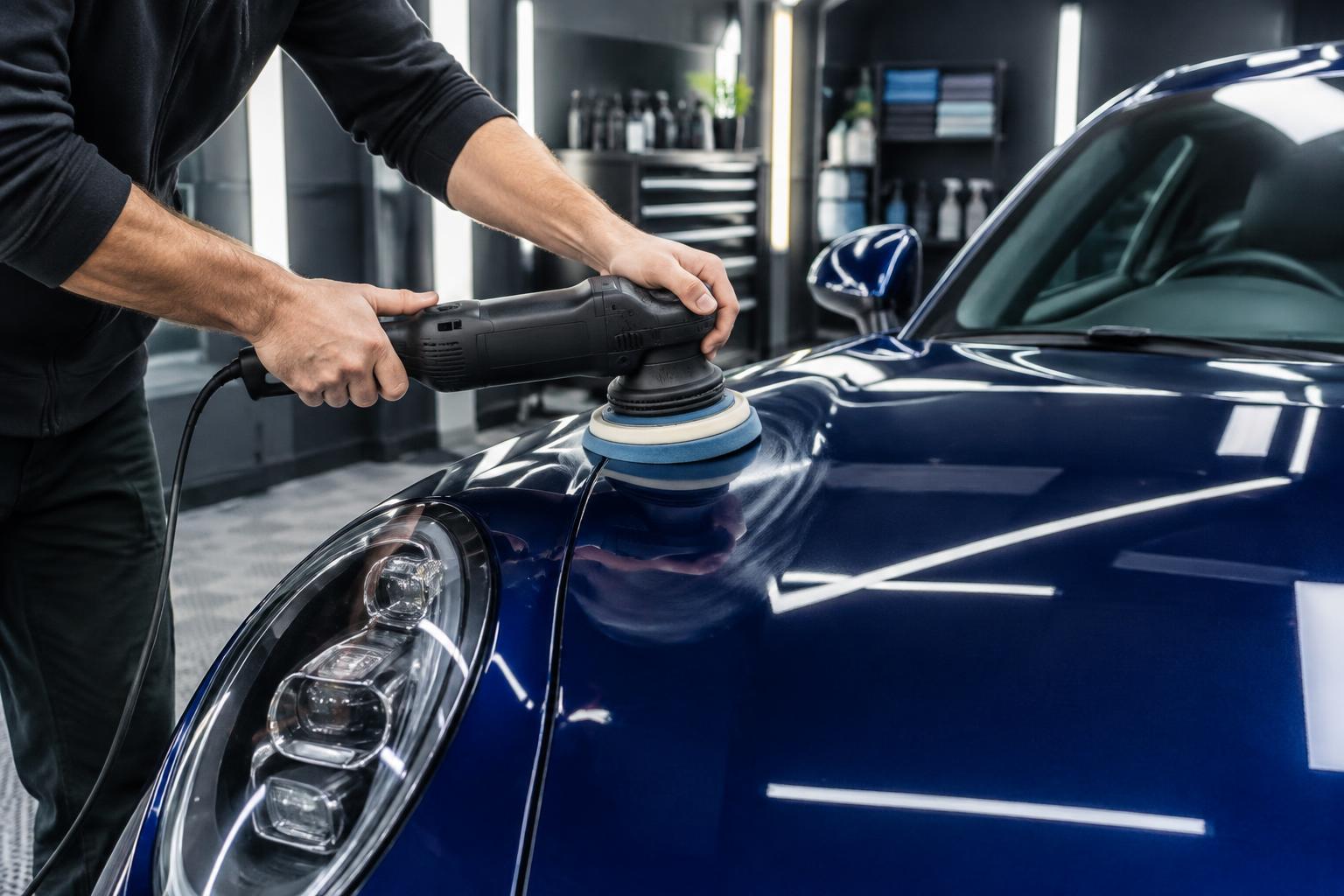 Detailer machine polishing a blue sports car before ceramic coating