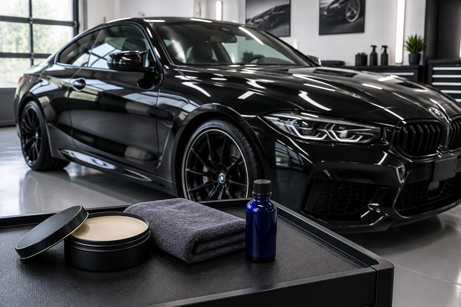 Car wax and ceramic coating products beside a polished black car